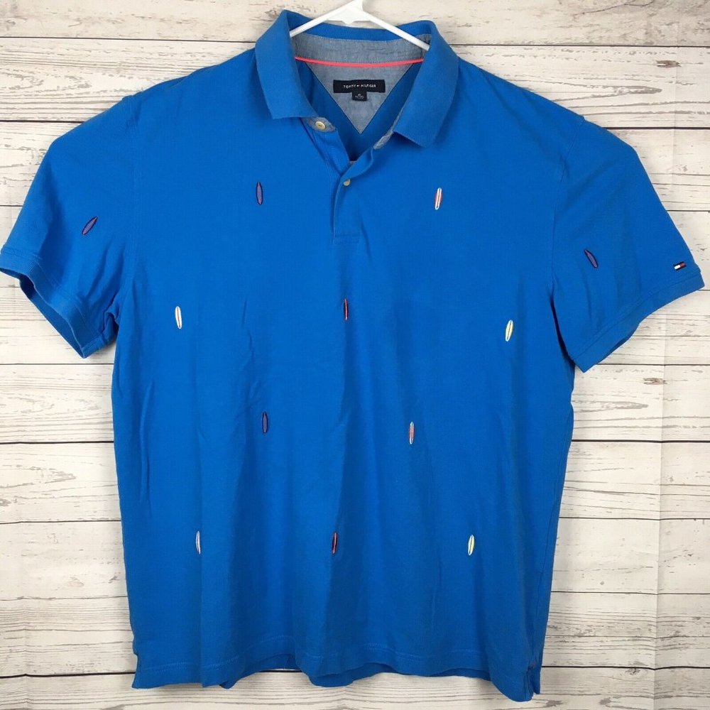 Tommy Hilfiger Blue Polo‎ Knit Shirt with Surfboard All Over Embroidery Mens XL
